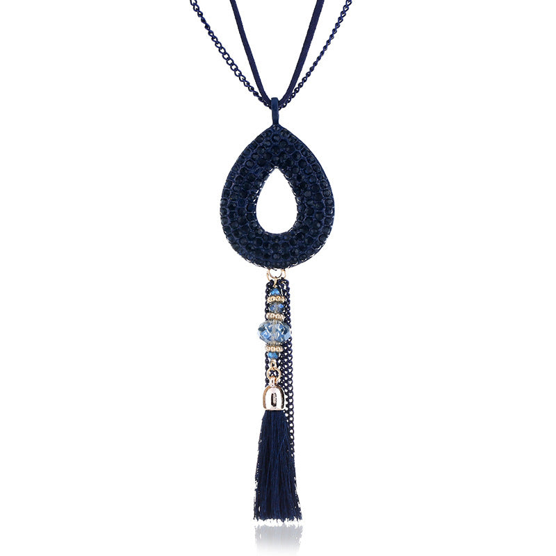 Retro Oval Rhinestone Pendant  Velvet Tassels Long Necklace