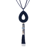 Retro Oval Rhinestone Pendant  Velvet Tassels Long Necklace