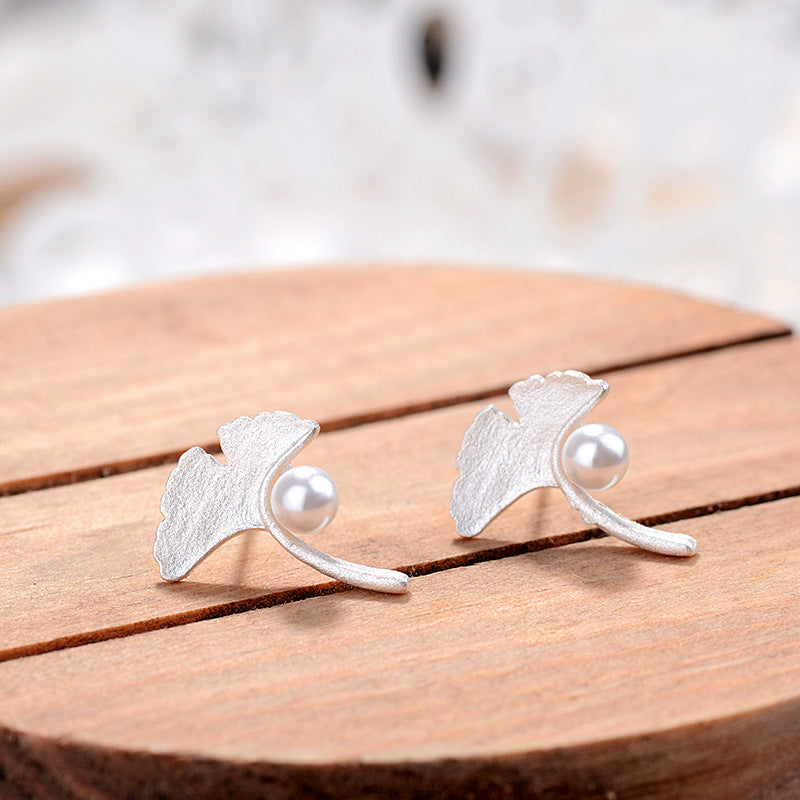 Sweet Trendy Silver Apricot Leaf Pearl Stud Earrings