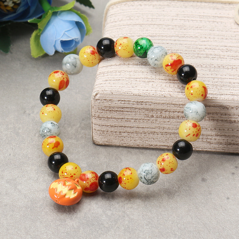 Halloween Pumpkin Skull Head Bracelet Elastic Beaded Chain Party Funny Bracelet