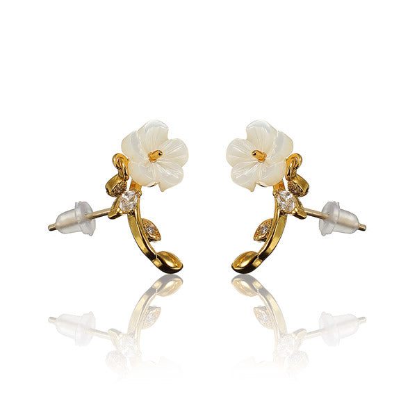 Sweet Flower Leaf White Zircon Crystal Ear Stud Earrings Women Jewelry