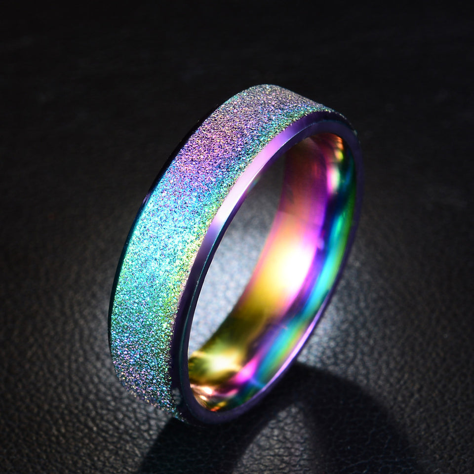 Stainless Steel Frosted Rainbow Color Black Couple Ring