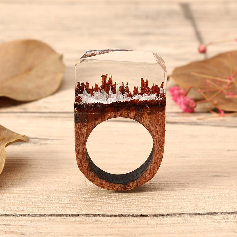 Secret Forest Creative Handmade Snowscape Charm Wood Ring Unique Gift for Men and Women