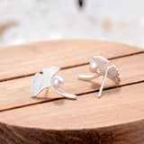 Sweet Trendy Silver Apricot Leaf Pearl Stud Earrings