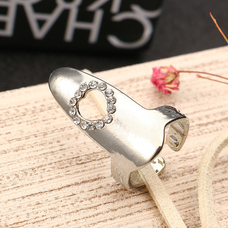 Fashion Adjustable Shiny Rhinestones Polished Hollow Heart Nail Ring Women Jewelry