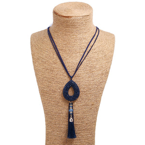 Retro Oval Rhinestone Pendant  Velvet Tassels Long Necklace