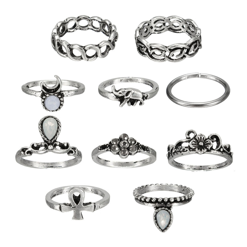 10pcs Vintage Knuckle Rings Tribal Ethnic Hippie Joint Punk Ring Set for Women