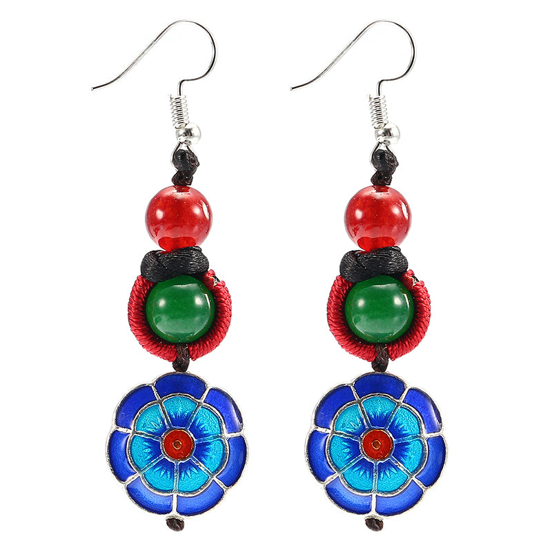 Ethnic Retro Flower Pendant Ear Drop Tassel Agate Vintage Earrings for Women