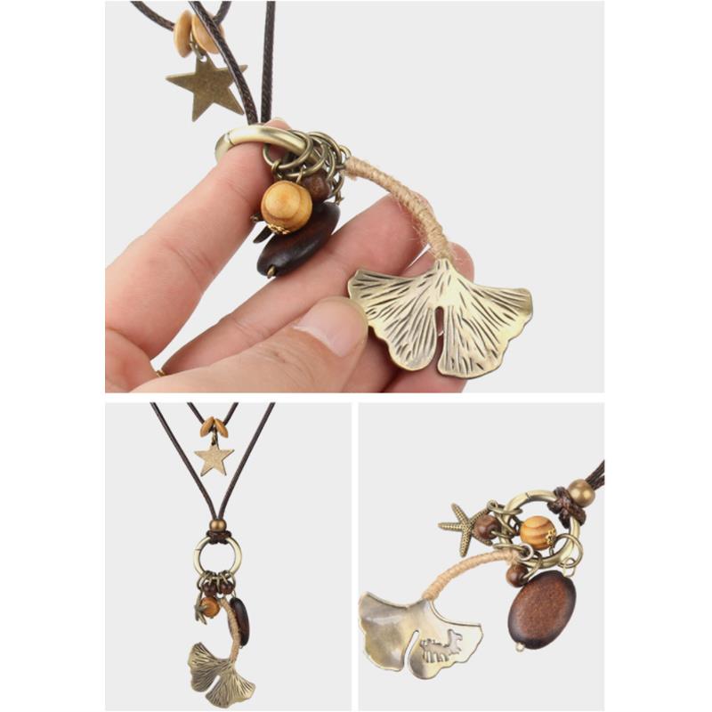 Retro Wax Rope Stars Alloy Leaf Long Pendant Sweater Chain