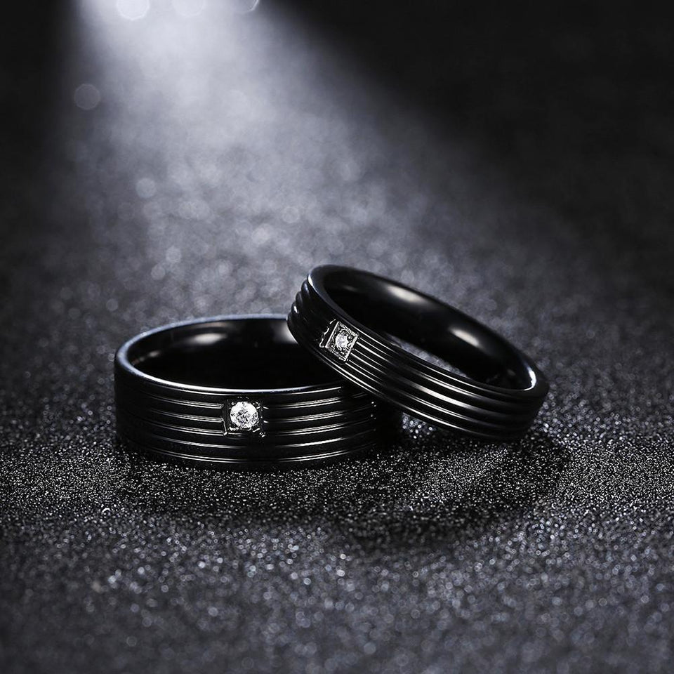 Black Zircon Stripe Simple Gift Couple Lover Love Stainless Steel Finger Ring Women Men