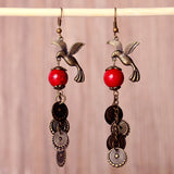 Vintage Red Turquoise Bird Ear Drop Bronze Earrings