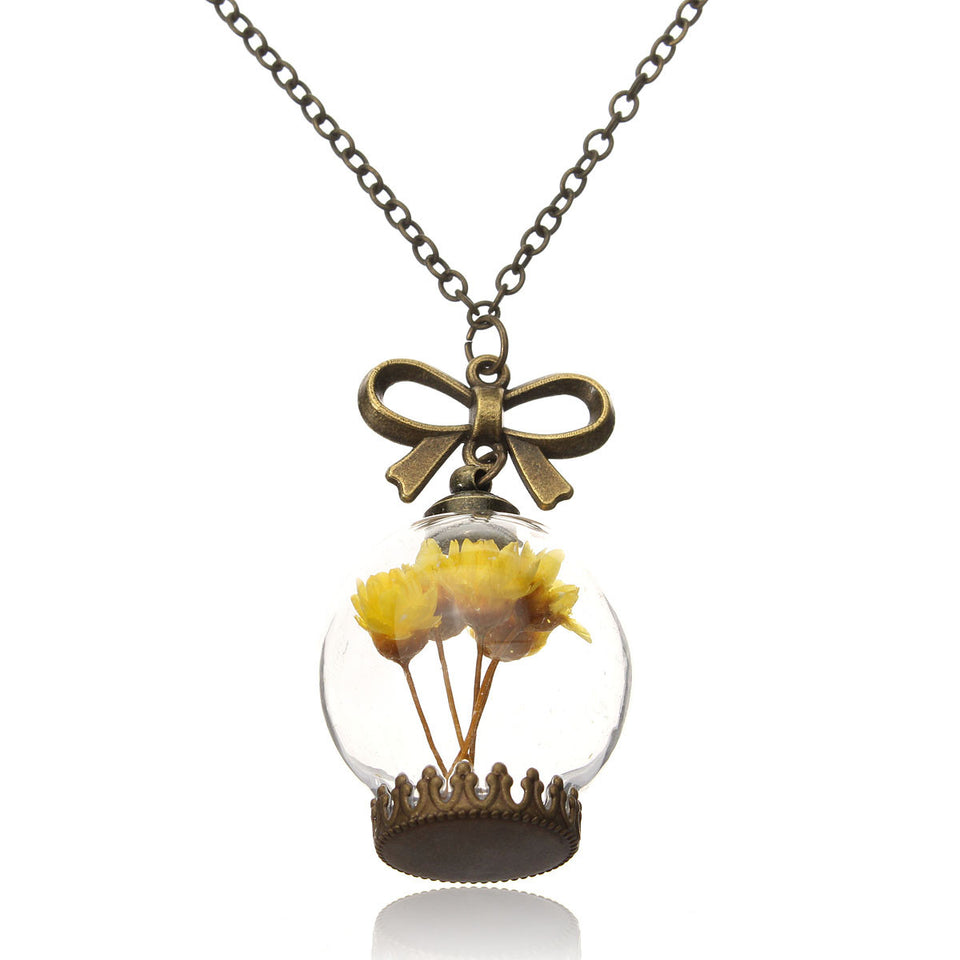 Women Dry Flower Glass Wish Bottle Sweater Chain Necklace