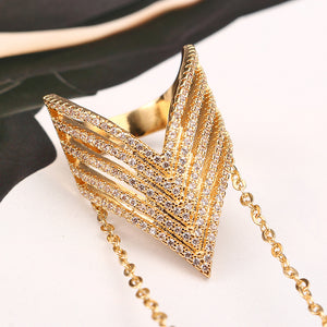 24K Gold Plated Punk Arrow Shape Chain Linked Two Rings Statement Sparkling Zircon Jewelry for Women