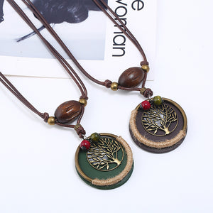 Women's Vintage Tree Wood Bead Long Leather Pendant Necklace