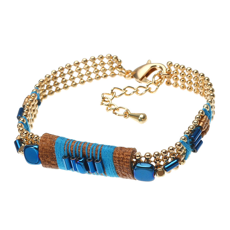 Bohemian Bracelet Gold Plated Blue Glass Bead Thread Charm Adjustable Bangle Boho Jewelry for Women 