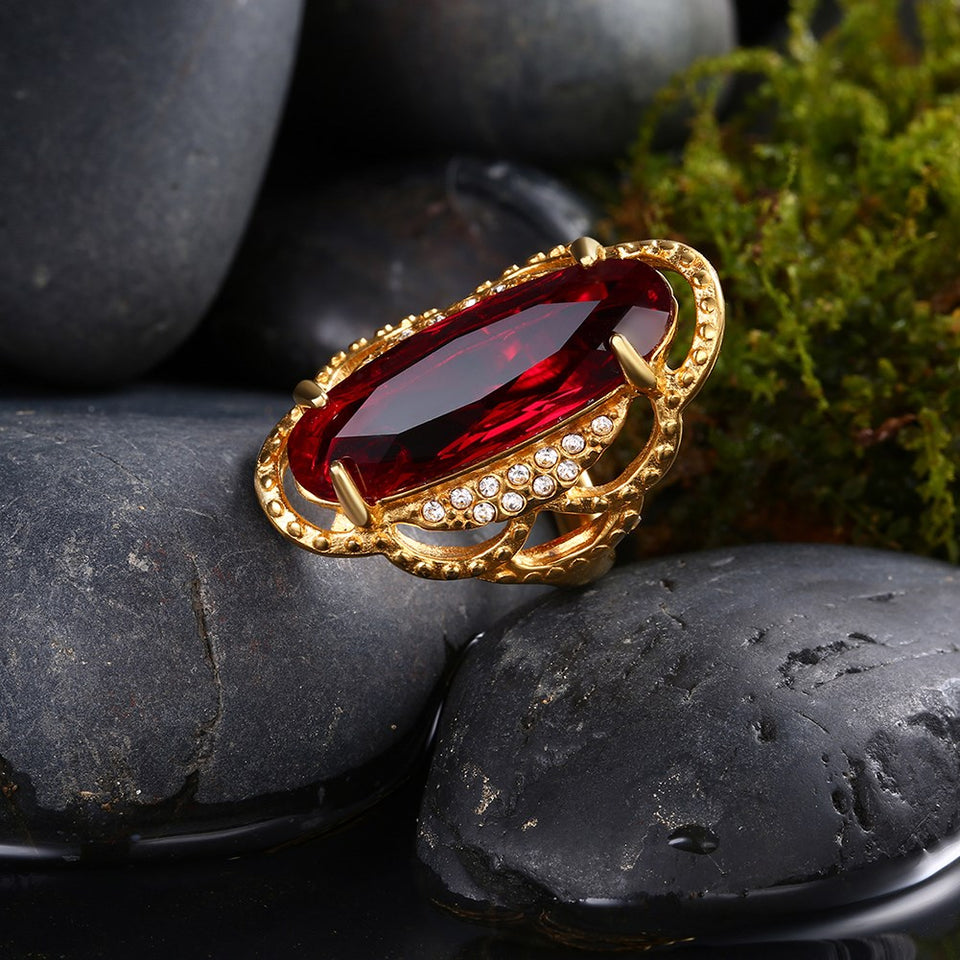 Titanium Steel Red Glass Rhinestone Ring Gold Plated Fashion Ring for Men Women