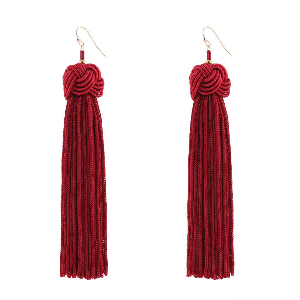 Vintage Manual Braided Rope Knot Long Tassel Women Earrings