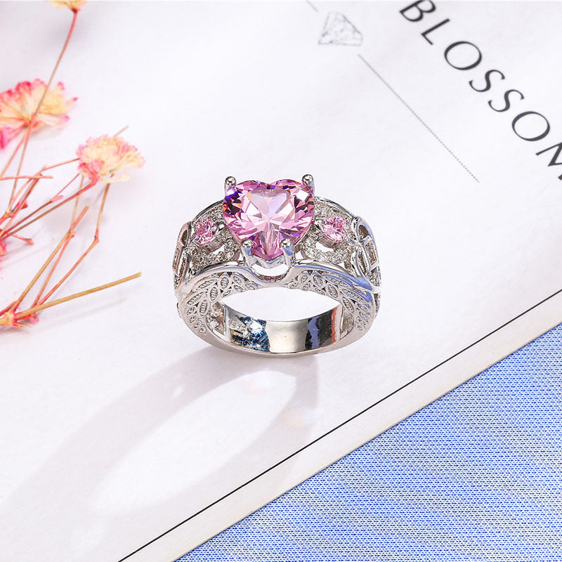 Trendy Heart Shape Hollow Ruby Women Ring Gift