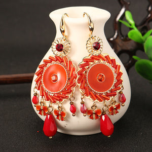 Bohemian Retro 14K Gold Plated Earrings Ethnic Sun Shape Bowknot Red Zircon Ear Drop for Women