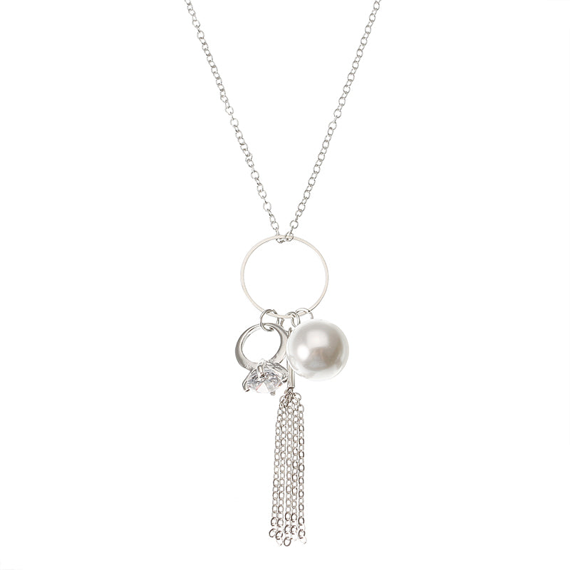 Elegant Women Necklace Silver Plated Artificial Pearl Tassel Pendant Long Necklace Gift for Girl