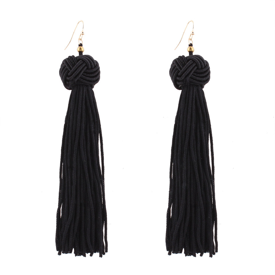 Vintage Manual Braided Rope Knot Long Tassel Women Earrings