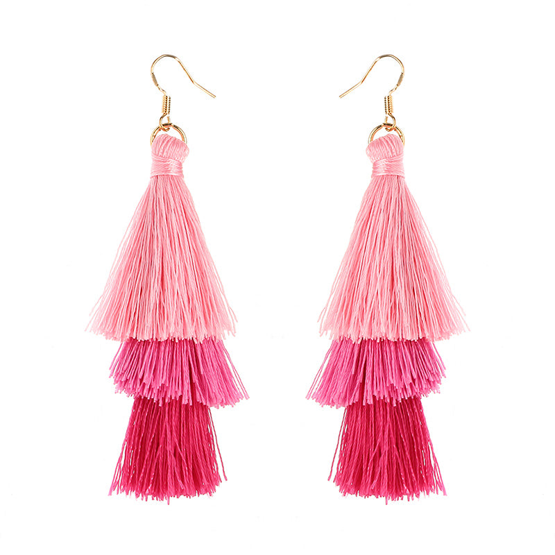 Women's  Bohemian Tassel Earrings Hand-made Three Layers Different Color Ear Drop Unique Gift