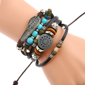 Adjustable Black Braided Leather Bracelet Multilayer Weave