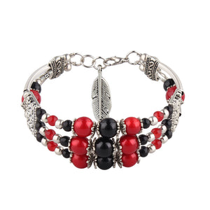 Ethnic Colorful Beads Tibetan Silver Leaf Women Bracelet