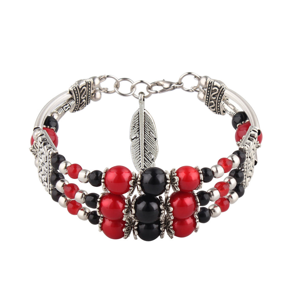 Ethnic Colorful Beads Tibetan Silver Leaf Women Bracelet