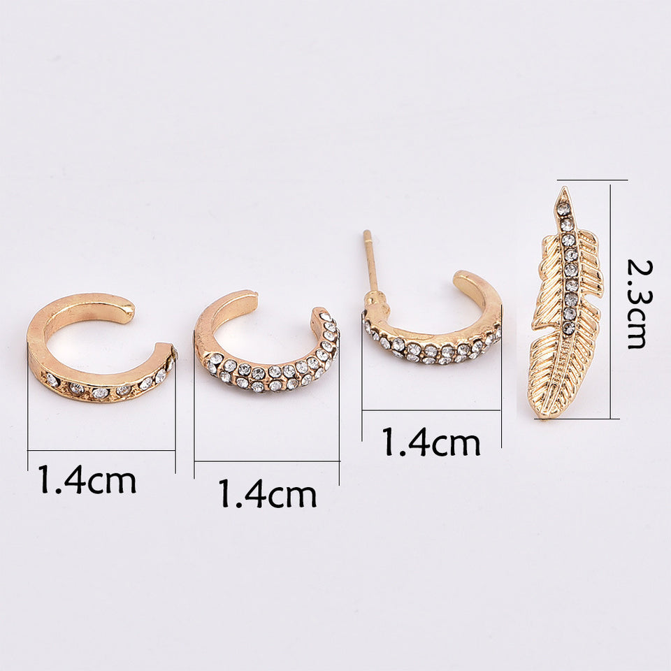 4Pcs Rhinestones Earring Set Gold Ear Clip Leaf Ear Stud