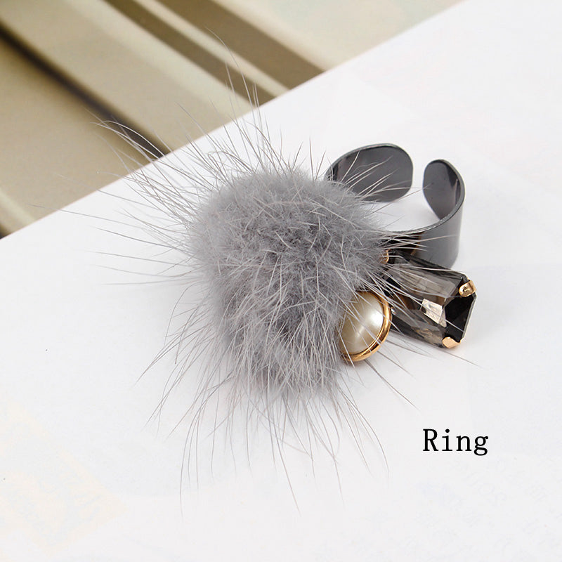 Trendy Fuzzy Ball Rhinestone Elastic Bracelets Finger Rings