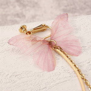 Sweet Pink Butterfly Arc Line Tassel Pendant Ear Clip Drop Earrings Fashion Jewelry for Women 