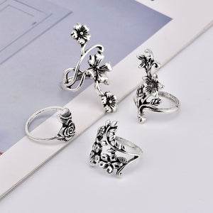 4 Pcs Ring Set Bohemian Flower Silver Rings for Women