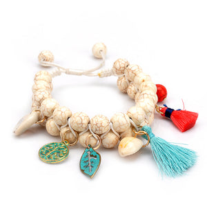 Bohemian Turquoise Beads Bracelet Shell Leaf Tree Tassel