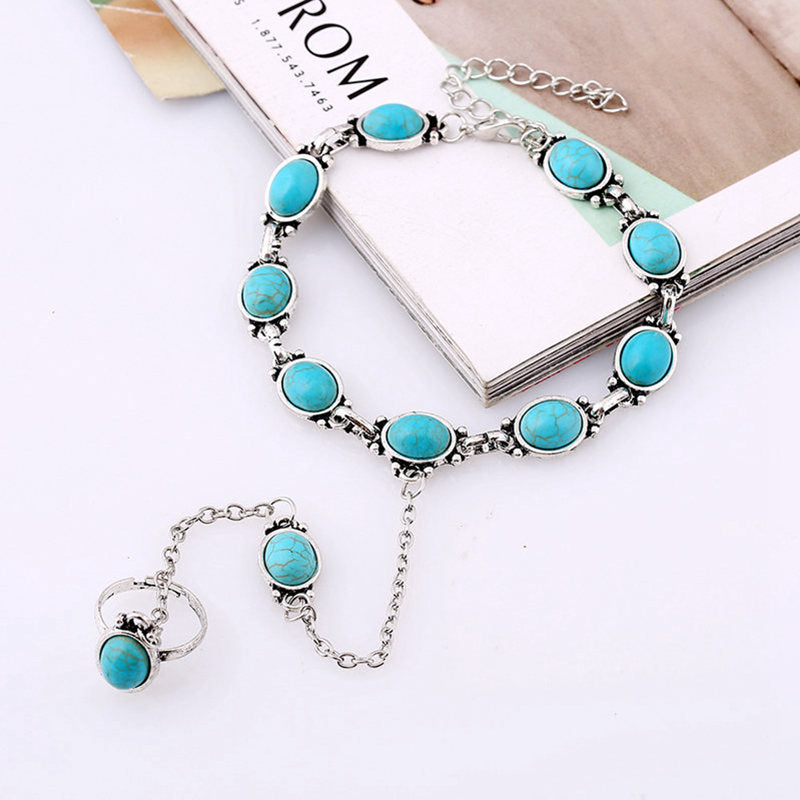 Bohemian Blue Turquoise Ring Bracelet Vintage Alloy Chain Bracelet Women Jewelry