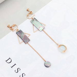 Trendy Natural Shell Crystal Asymmetric Geometry Earrings No Ear Pierced for Women