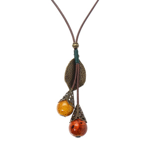 Retro Ceramic Colorful Beads Ball Leaf Leather Rope Necklace