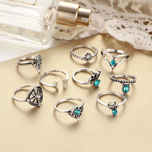 9 Pcs Bohemian Statement Ring Set Helm Leaf Knuckle Rings