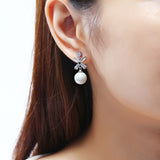 Elegant Women Piercing Earrings Artificial Pearl Shiny Zircon Cross Flower Pendant Ear Stud Gift