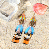 Bohemian 14K Gold Plated Retro Ethnic Feather Pendant Shell Shiny Zircon Earrings for Women