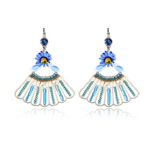 Bohemian 14K Gold Plated Peacock Tail Shape Flower Ear Drop Elegant Blue Opal Earrings for Women