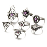 7 Pcs Purple Crystal Trendy Hollow Flower Knuckle Ring Set