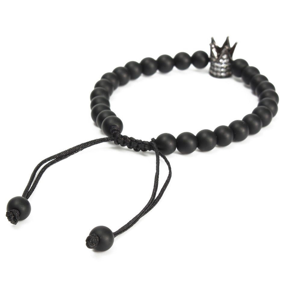 Unisex Black Matte Onyx Crown Crystal Beads Bracelet Jewelry