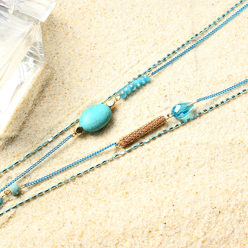 Bohemian Green Crystal Beads Pendant Chain Feather Tassel Long Necklace for Women 