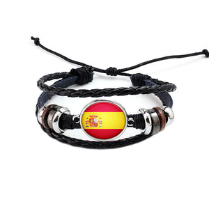 Unisex National Flag Pattern Bracelet Alloy Leather Rope Bracelet for Men Women