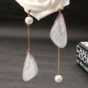 Sweet Chiffon Wings Asymmetric Artificial Pearl Women Earrings