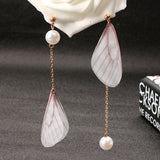 Sweet Chiffon Wings Asymmetric Artificial Pearl Women Earrings