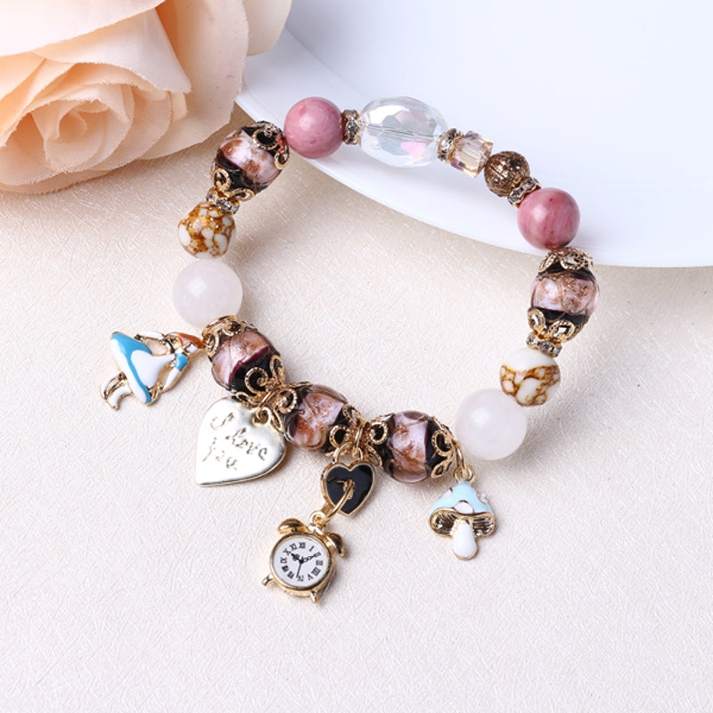 Bohemia Crystal Glass Beaded Bracelets Heart Clock Charm