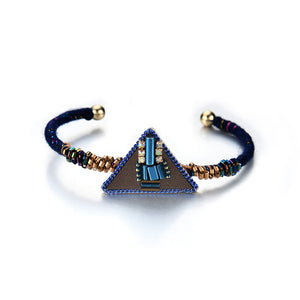 Bohemian Women Bracelet Punk Blue Bead Inlay Leather Triangle Charm Gold Plated Woven Boho Bangle