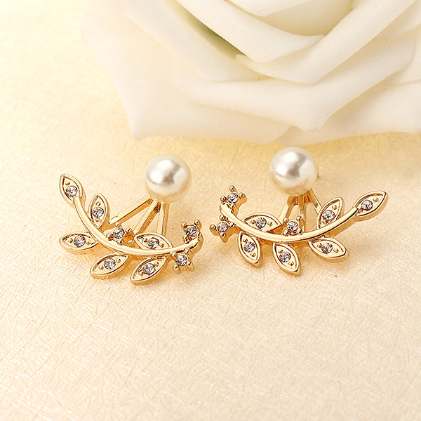 Trendy Women Rhinestone Leaf Pearl Silver Rose Gold Earrings